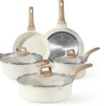 CAROTE Pots and Pans Sets Non Stick, 8 PCS White Granite Induction Hob Pan Set, Natural Non Toxic Cooking Cookware Set with Saucepan Set, Suitable for All Stoves