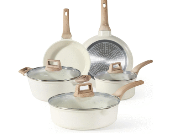 CAROTE Pots and Pans Sets Non Stick, 8 PCS White Granite Induction Hob Pan Set, Natural Non Toxic Cooking Cookware Set with Saucepan Set, Suitable for All Stoves