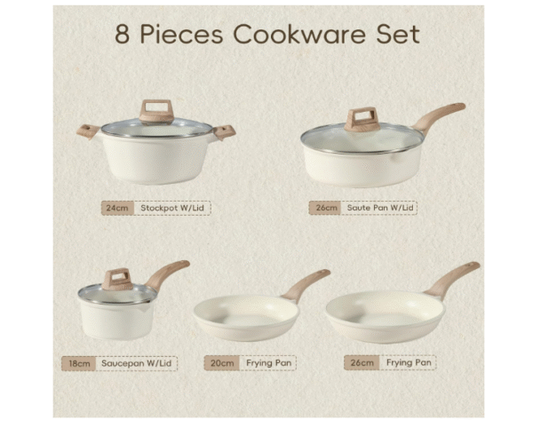CAROTE Pots and Pans Sets Non Stick, 8 PCS White Granite Induction Hob Pan Set, Natural Non Toxic Cooking Cookware Set with Saucepan Set, Suitable for All Stoves - Image 3