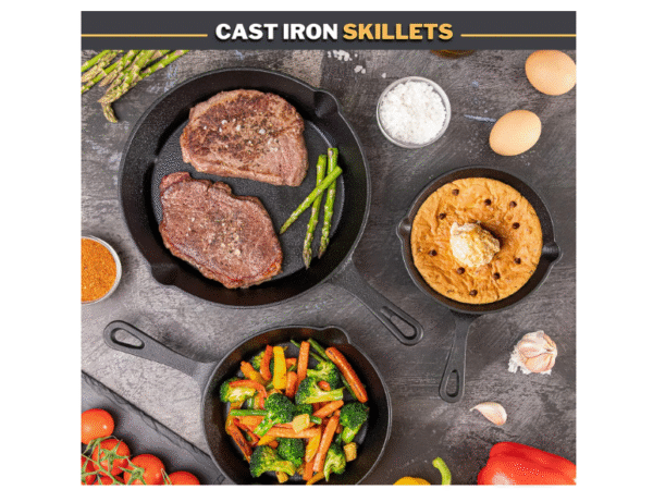 nuovva Pre-Seasoned Cast Iron Skillet Frying Pans Oven Safe Cookware for Indoor & Outdoor Use - Grill, StoveTop, Black (3-Piece Chef Set 6-Inch 15cm, 8-Inch 20cm, 10-Inch 25cm) - Image 2