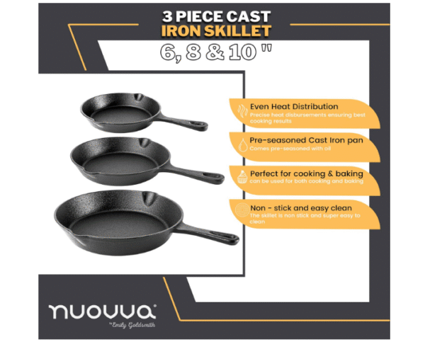 nuovva Pre-Seasoned Cast Iron Skillet Frying Pans Oven Safe Cookware for Indoor & Outdoor Use - Grill, StoveTop, Black (3-Piece Chef Set 6-Inch 15cm, 8-Inch 20cm, 10-Inch 25cm) - Image 4