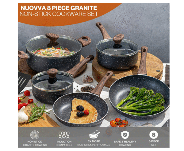 Non Stick Pots and Pans Set – Induction Hob Pot Set – 8pcs Kitchen Cookware with Lids – Cooking Marble Saucepan Pots and Frying Pans – by Nuovva - Image 2