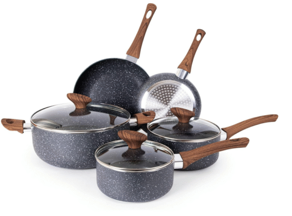 Non Stick Pots and Pans Set – Induction Hob Pot Set – 8pcs Kitchen Cookware with Lids – Cooking Marble Saucepan Pots and Frying Pans – by Nuovva