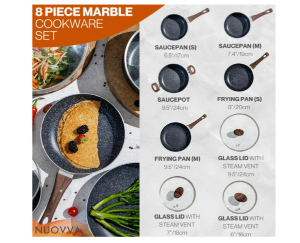 Non Stick Pots and Pans Set – Induction Hob Pot Set – 8pcs Kitchen Cookware with Lids – Cooking Marble Saucepan Pots and Frying Pans – by Nuovva - Image 4