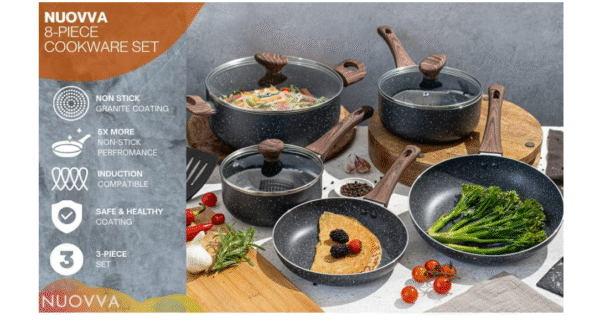 Non Stick Pots and Pans Set – Induction Hob Pot Set – 8pcs Kitchen Cookware with Lids – Cooking Marble Saucepan Pots and Frying Pans – by Nuovva - Image 6