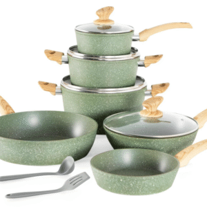 Kitchen Academy Induction Cookware Sets - 12 Piece Cooking Pan Nonstick Set, Granite Green Pots and Pans Set