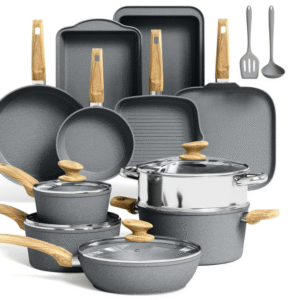 Kitchen Academy 17 Pcs Induction Hob Pots and Pans Set Non Stick, Nonstick Induction Kitchen Cookware Sets, Gray Granite Cooking Saucepan and Frying Pans Set