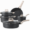 Carote Granite Non-Stick Cookware Set, 9-Piece Induction Compatible Pans and Pots with Lids, PFOA Free Black Stone Effect Kitchen Cookware Set with Wooden Handles, Healthy Frying & Sautéing Set