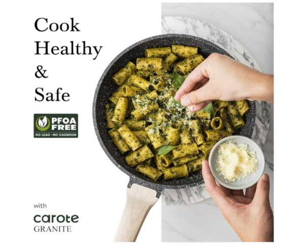 Carote Granite Non-Stick Cookware Set, 9-Piece Induction Compatible Pans and Pots with Lids, PFOA Free Black Stone Effect Kitchen Cookware Set with Wooden Handles, Healthy Frying & Sautéing Set - Image 4