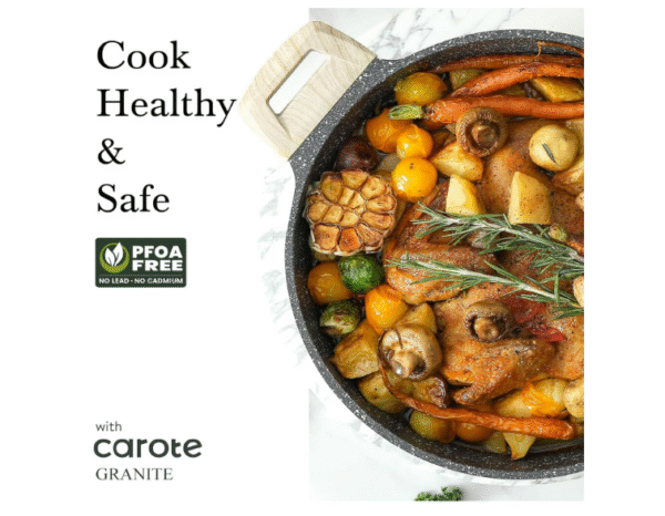 Carote Granite Non-Stick Cookware Set, 9-Piece Induction Compatible Pans and Pots with Lids, PFOA Free Black Stone Effect Kitchen Cookware Set with Wooden Handles, Healthy Frying & Sautéing Set - Image 5