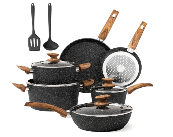 DishDelight 12 Piece Non-Stick Pots and Pans Set, Nonstick Induction Granite-Coated Cookware Set, Nonstick Saucepan Set, Black