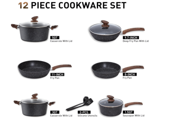 DishDelight 12 Piece Non-Stick Pots and Pans Set, Nonstick Induction Granite-Coated Cookware Set, Nonstick Saucepan Set, Black - Image 2