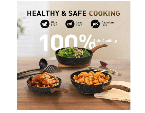 DishDelight 12 Piece Non-Stick Pots and Pans Set, Nonstick Induction Granite-Coated Cookware Set, Nonstick Saucepan Set, Black - Image 5