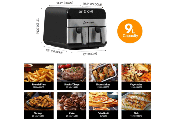 Panana Dual Zone Air Fryer 9L Large, 8 Functional Cooking Presets Air Fryer with 2 Large Drawer Easy Clean Baskets, LED Display - Image 3
